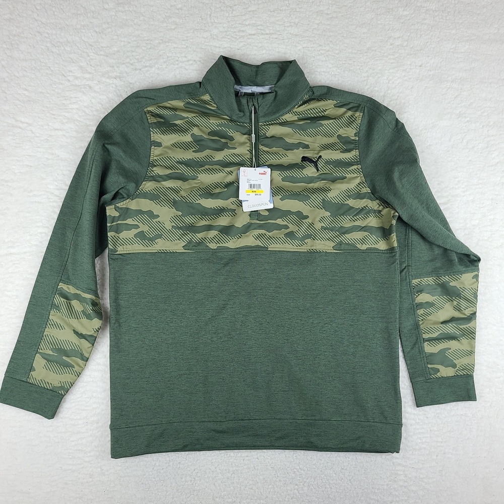 Puma Sweater Mens Medium Green Cloudspun Camo Thyme Performance Tech NWT NEW